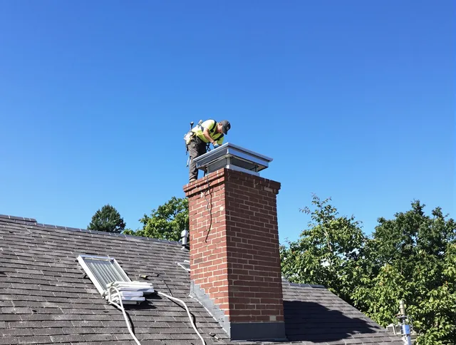 Windsor Chimney Sweep technician measuring a chimney cap in Windsor, CT
